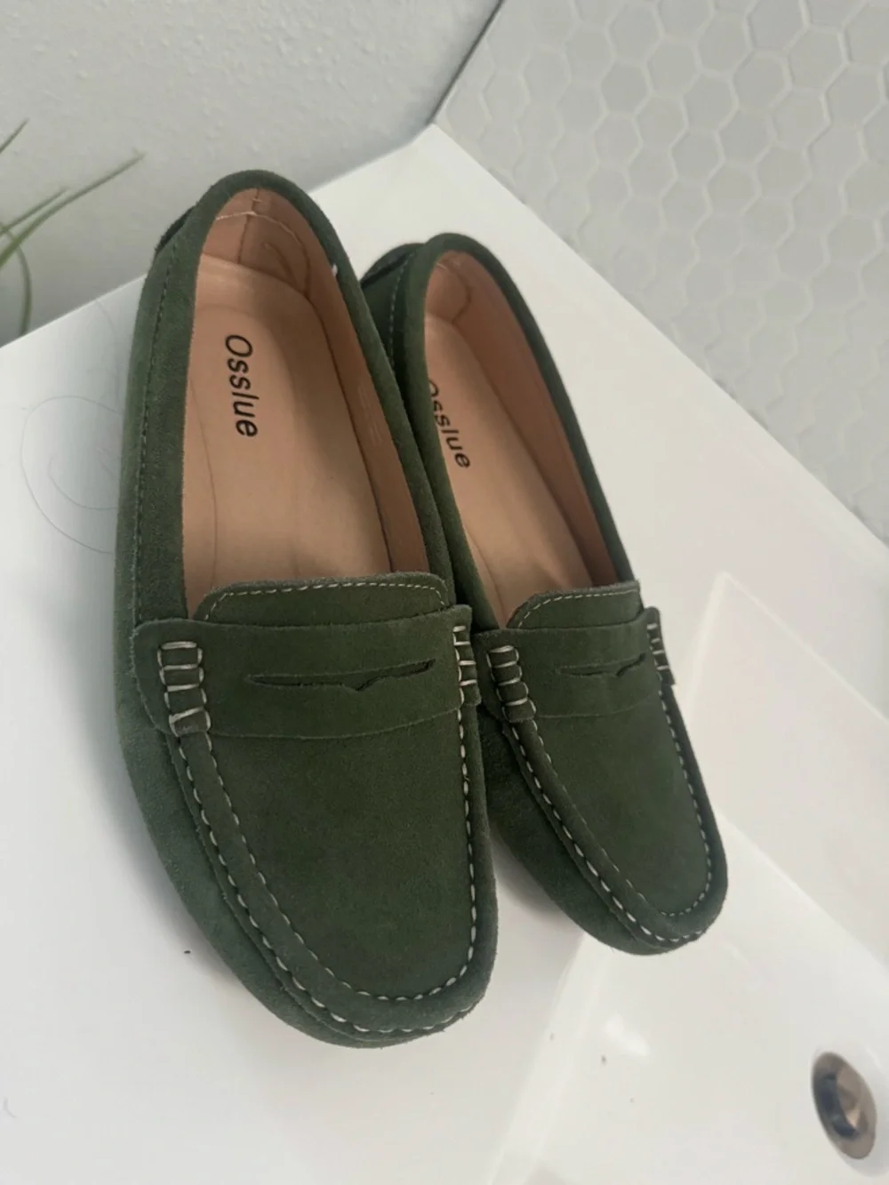 Womens Olive Suede Penny Loafers - Slip-On Comfort